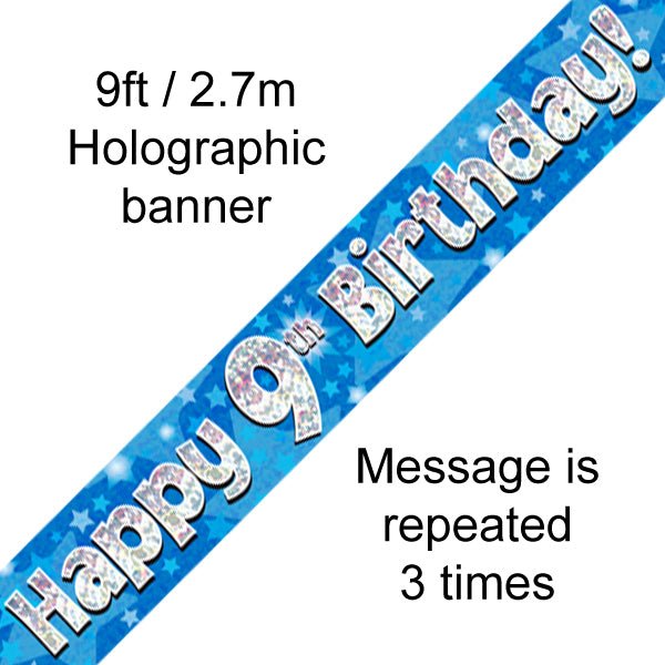 9ft Banner Happy 9th Birthday Blue holographic - Sweets 'n' Things