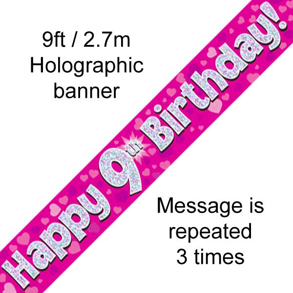 9ft Banner Happy 9th Birthday Pink holographic - Sweets 'n' Things