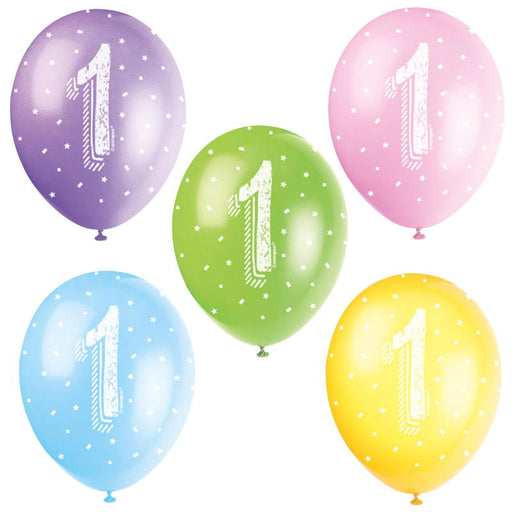 Assorted 1st Birthday Party Latex Balloons x 5 (Optional Inflation) - Sweets 'n' Things