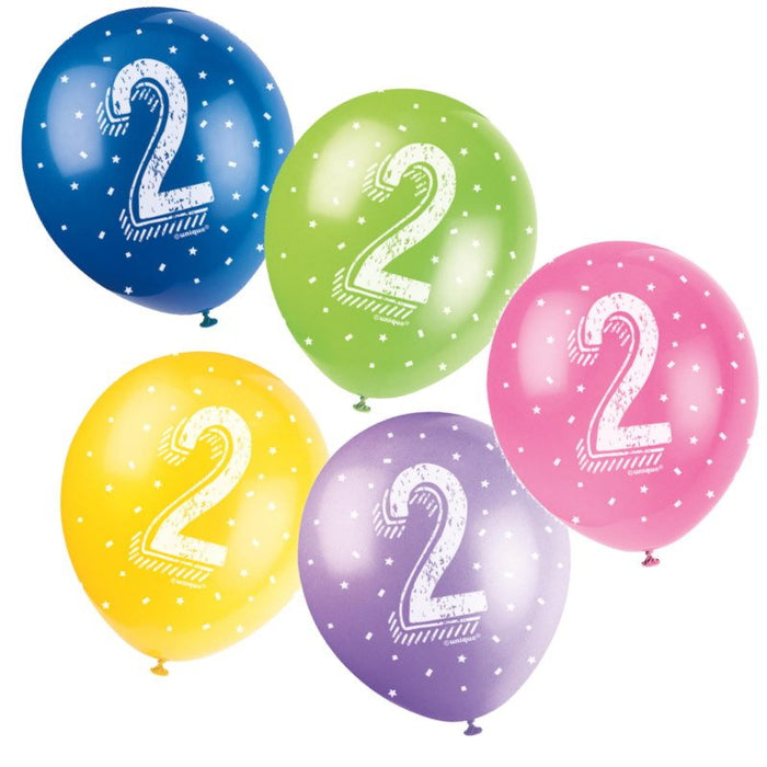 Assorted 2nd Birthday Party Latex Balloons x 5 (Optional Inflation) - Sweets 'n' Things