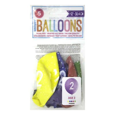 Assorted 2nd Birthday Party Latex Balloons x 5 (Optional Inflation) - Sweets 'n' Things