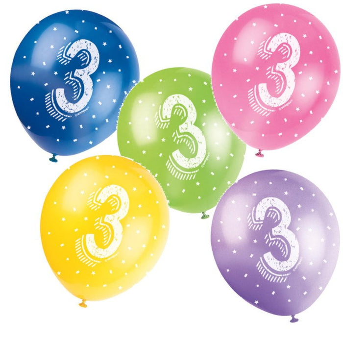 Assorted 3rd Birthday Party Latex Balloons x 5 (Optional Inflation) - Sweets 'n' Things