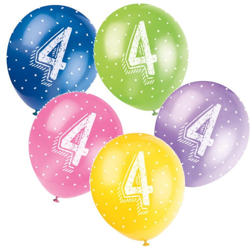 Assorted 4th Birthday Party Latex Balloons x 5 (Optional Inflation) - Sweets 'n' Things