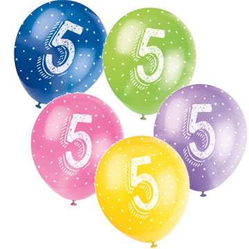 Assorted 5th Birthday Party Latex Balloons x 5 (Optional Inflation)