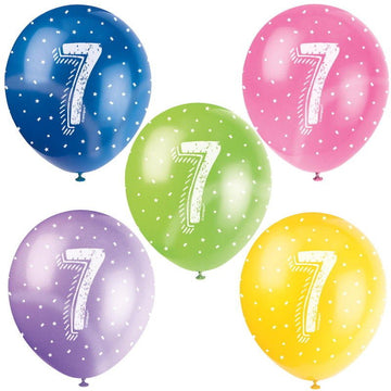 Assorted 7th Birthday Party Latex Balloons x 5 (Optional Inflation)