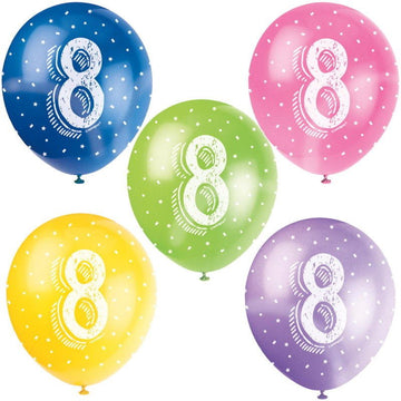Assorted 8th Birthday Party Latex Balloons x 5 (Optional Inflation)