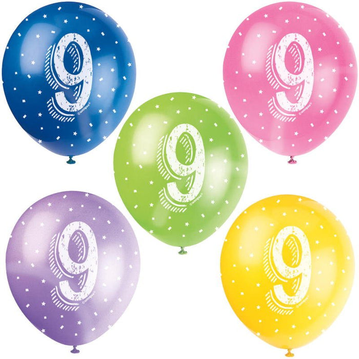 Assorted 9th Birthday Party Latex Balloons x 5 (Optional Inflation) - Sweets 'n' Things
