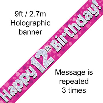 Banner Happy 12th Birthday Pink Holographic