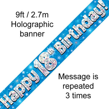 Banner Happy 18th Birthday Blue Holographic 9ft