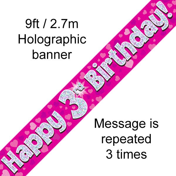 Banner Happy 3rd Birthday Pink holographic - Sweets 'n' Things