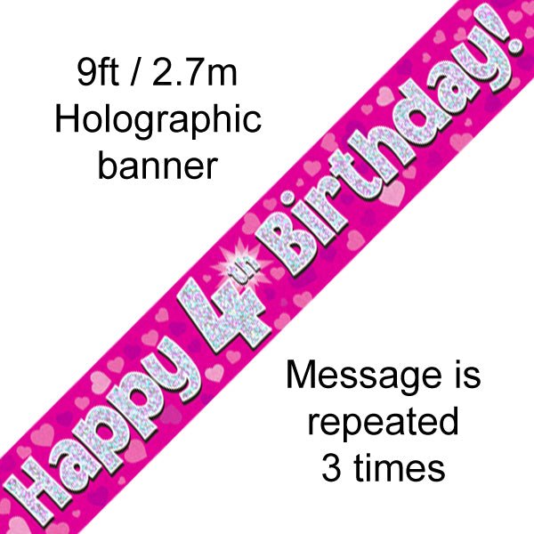 Banner Happy 4th Birthday Pink holographic - Sweets 'n' Things