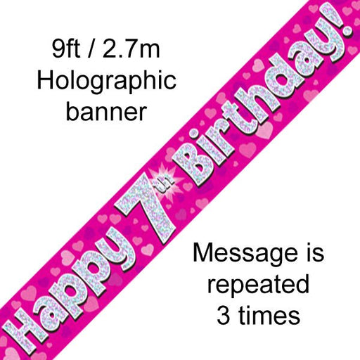 Banner Happy 7th Birthday Pink holographic 9ft - Sweets 'n' Things