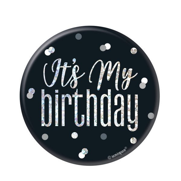 Black and Silver Glitz Happy Birthday Badge 3" - Sweets 'n' Things