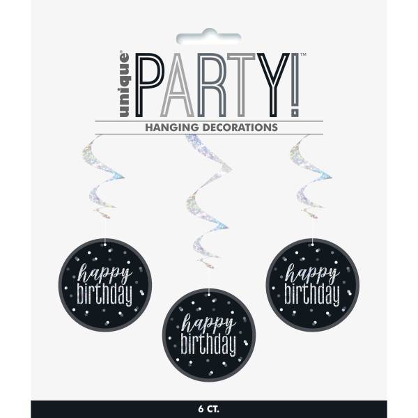 Black & Silver Hanging Swirls 32"L "Happy Birthday" 6 Pack - Sweets 'n' Things