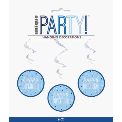 Blue Hanging Swirls 32"L "Happy Birthday" 6 Pack - Sweets 'n' Things