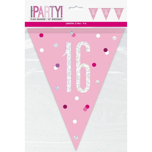 Flag Banner 16th Birthday Pink Glitz - Sweets 'n' Things