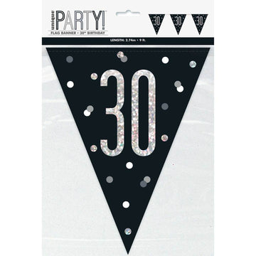 Flag Banner 30th Birthday Black Glitz