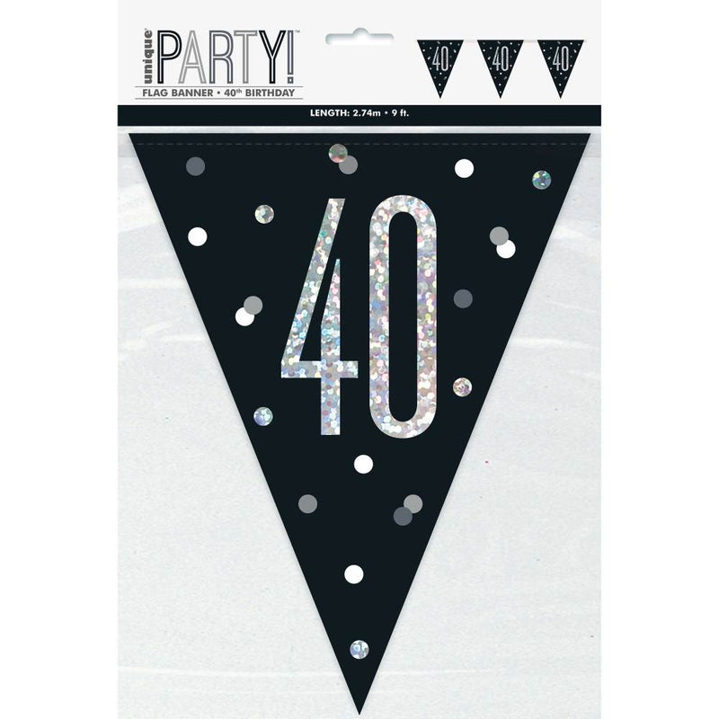 Flag Banner 40th Birthday Black Glitz - Sweets 'n' Things