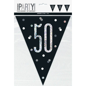 Flag Banner 50th Birthday Black Glitz