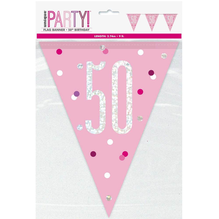 Flag Banner 50th Birthday Pink Glitz - Sweets 'n' Things