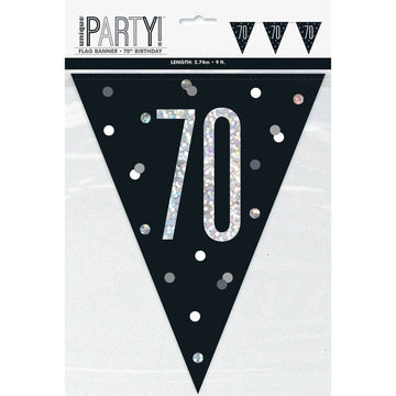 Flag Banner 70th Birthday Black Glitz