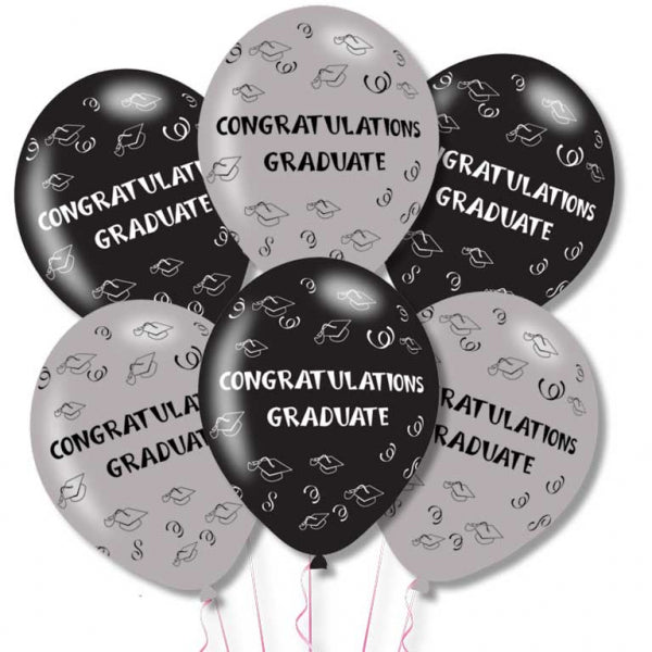 Congrats Graduate Grey/Black Latex Balloons 6 Pack (Optional Inflation)