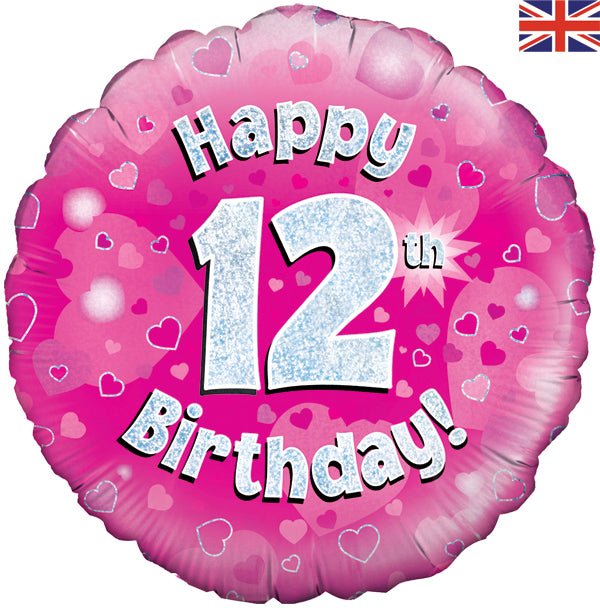 Happy 12th Birthday Pink Holographic Balloon (Inflated) - Sweets 'n' Things