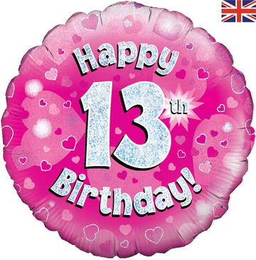 Happy 13th Birthday Pink Holographic 18" Balloon (Optional Inflation)