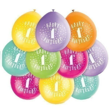 Happy 1st Birthday Balloons 9" Latex Assorted 10 Pack