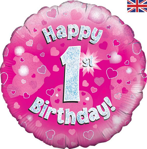 Happy 1st Birthday Pink Holographic Balloon (Inflated) - Sweets 'n' Things