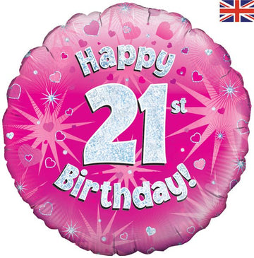 Happy 21st Birthday Pink Holographic Balloon (Optional Helium Inflation)