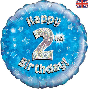 Happy 2nd Birthday Blue Holographic 18" Balloon (Optional Helium Inflation)