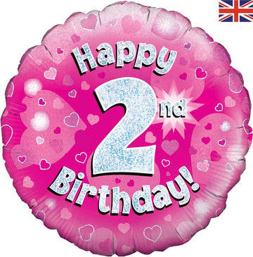 Happy 2nd Birthday Pink Holographic Balloon (Optional Helium Inflation)