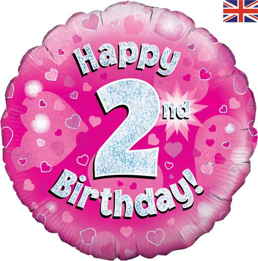 Happy 2nd Birthday Pink Holographic Balloon (Inflated) - Sweets 'n' Things