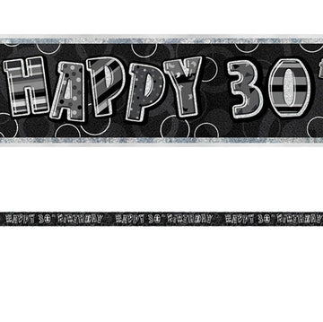 Happy 30th Birthday Banner Black and Silver Glitz