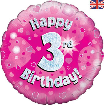 Happy 3rd Birthday Pink 18" Holographic Foil Balloon (Optional Helium Inflation)