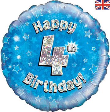 Happy 4th Birthday Blue Holographic 18" Balloon (Optional Helium Inflation)