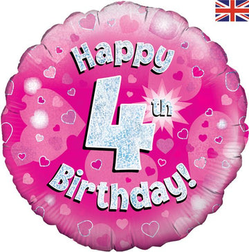 Happy 4th Birthday Pink Balloon Holographic