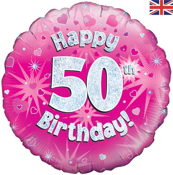 Happy 50th Birthday Pink Holographic (Helium Inflated) - Sweets 'n' Things