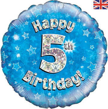 Happy 5th Birthday Blue Holographic 18" Balloon (Optional Helium Inflation)