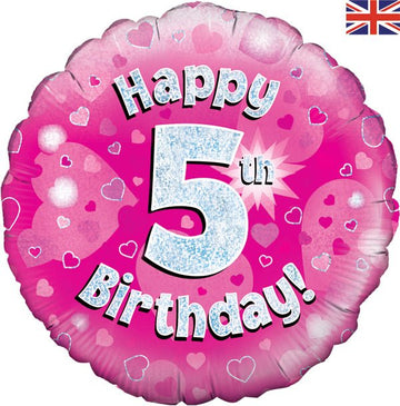 Happy 5th Birthday Pink Holographic Balloon (Optional Helium Inflation)