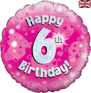 Happy 6th Birthday Pink Holographic Balloon (Optional Helium Inflation)