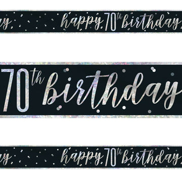 Happy 70th Birthday Banner Black and Silver Glitz