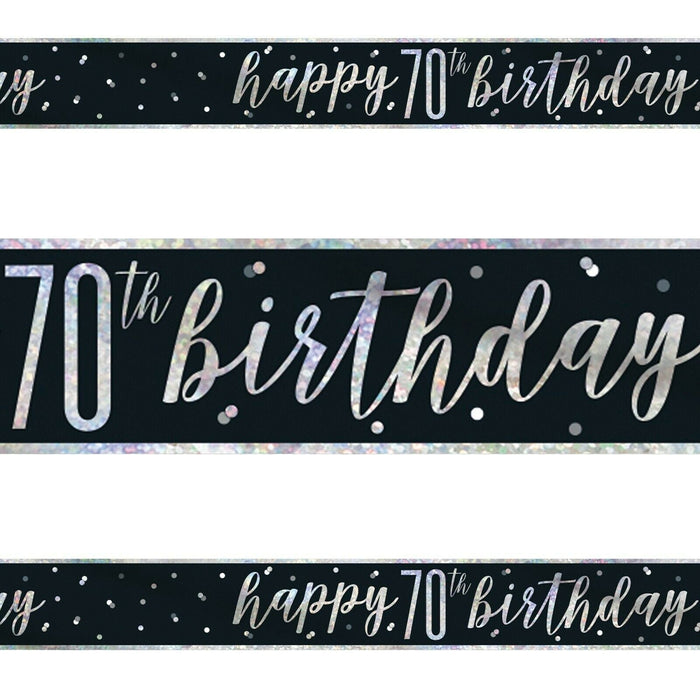 Happy 70th Birthday Banner Black and Silver Glitz - Sweets 'n' Things