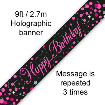 Happy Birthday Banner Black & Pink Holographic Foil