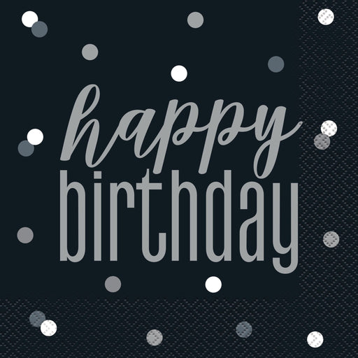 Happy Birthday Glitz Black &amp; Silver Paper Napkins - Sweets 'n' Things