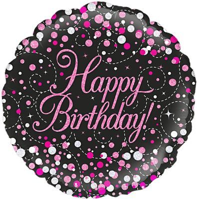 Happy Birthday Pink And Black Holographic Foil Balloon (Inflated) - Sweets 'n' Things