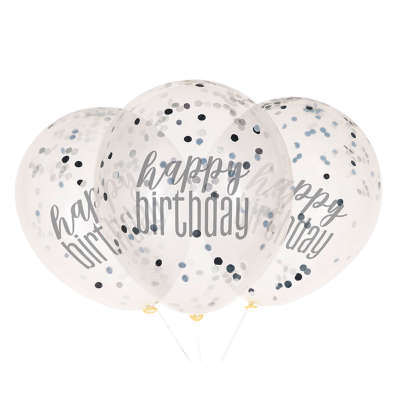 Black 'Happy Birthday' Confetti Filled Balloons 6 Pack - Optional Helium inflation