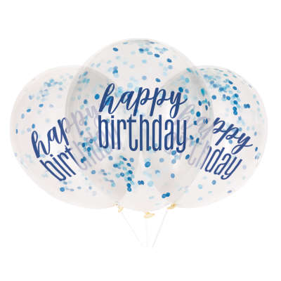 Blue 'Happy Birthday' Confetti Filled Balloons 6 Pack - Optional Helium inflation