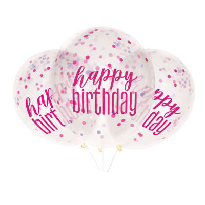 Pink 'Happy Birthday' Confetti Filled Balloons 6 Pack - Optional Helium inflation